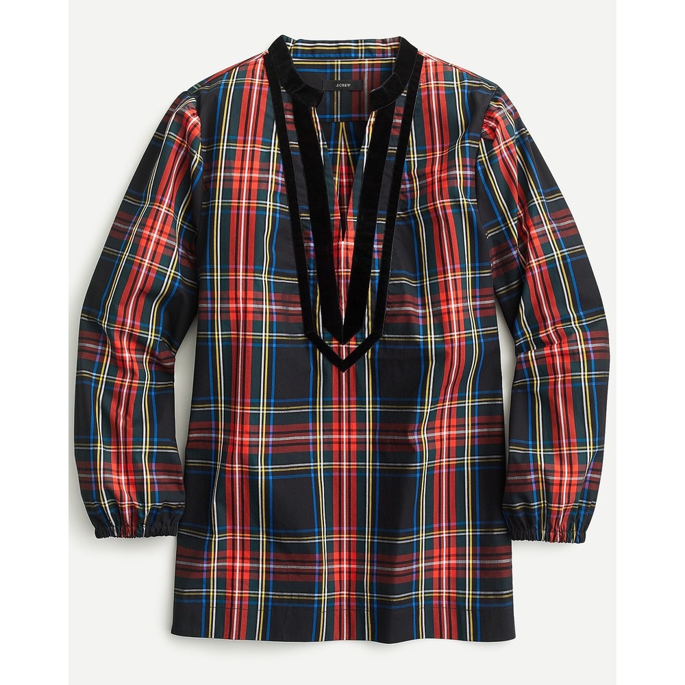 J Crew Velvet Trimmed V-Neck Tunic Blouse Black Stewart Tartan Size 2X Holiday